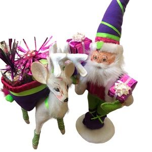 Annalee Winter Whimsy Purple Santa and White Reindeer w/Gifts 2011 Mint Set of 2